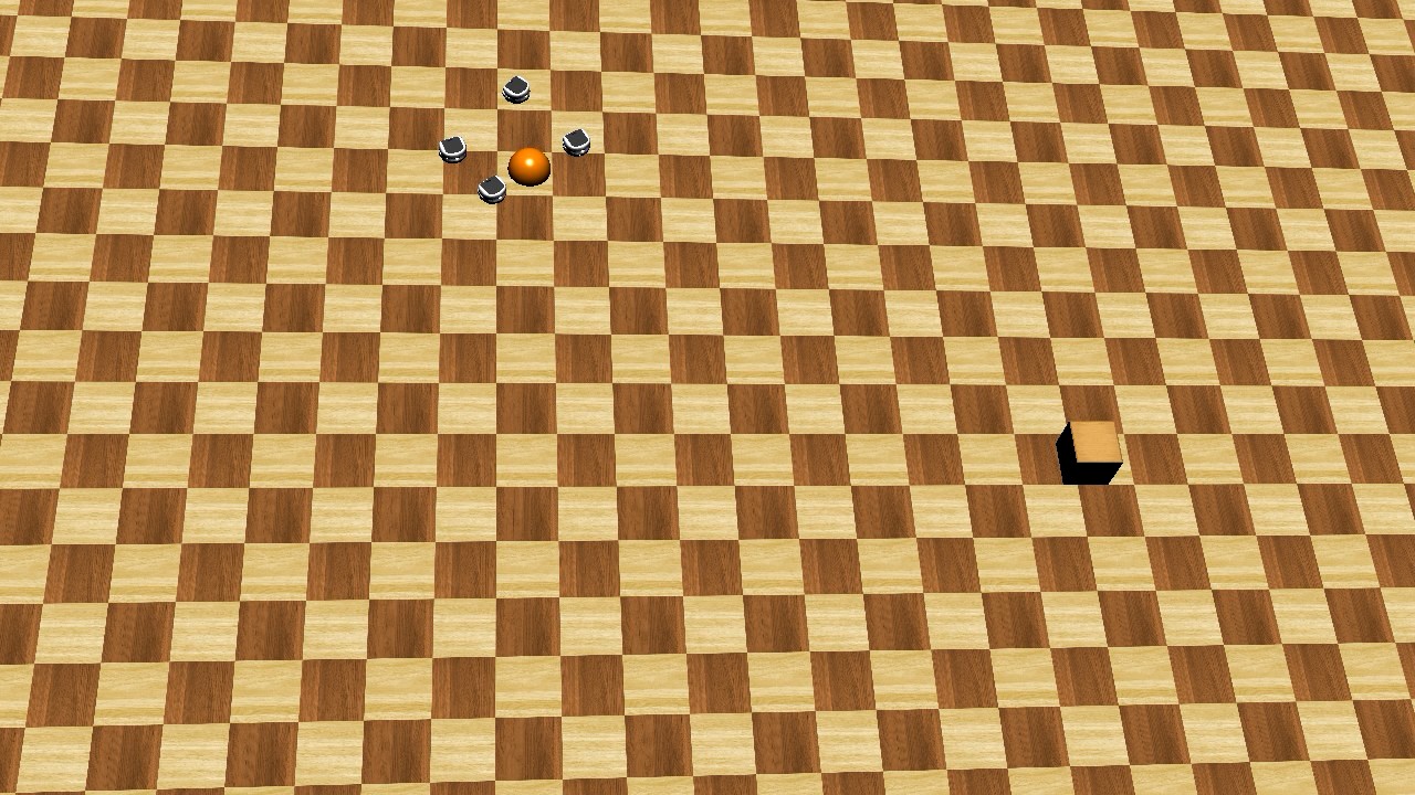 Four mobile robots performing formation control in a Webots simulation